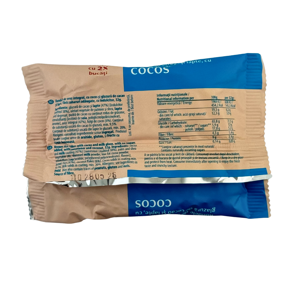 Rondele de orez integral cu cocos si glazura de cacao si lapte cu indulcitor 32 g