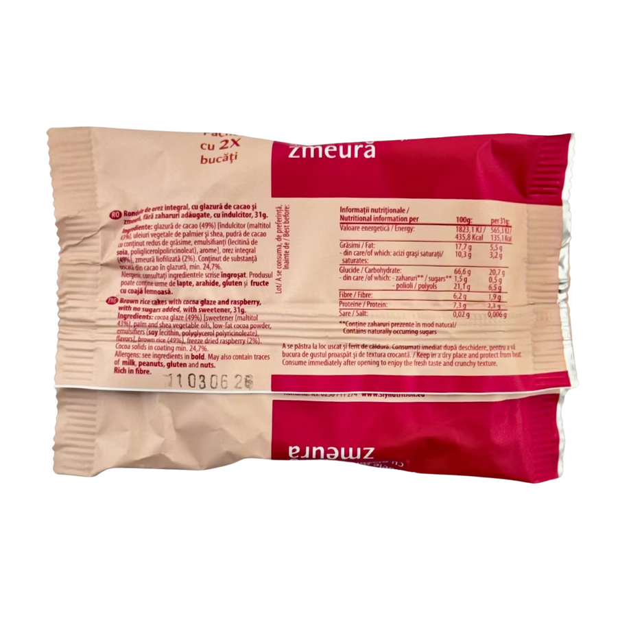 Rondele de orez integral cu glazura de cacao si zmeura cu indulcitor 31 g