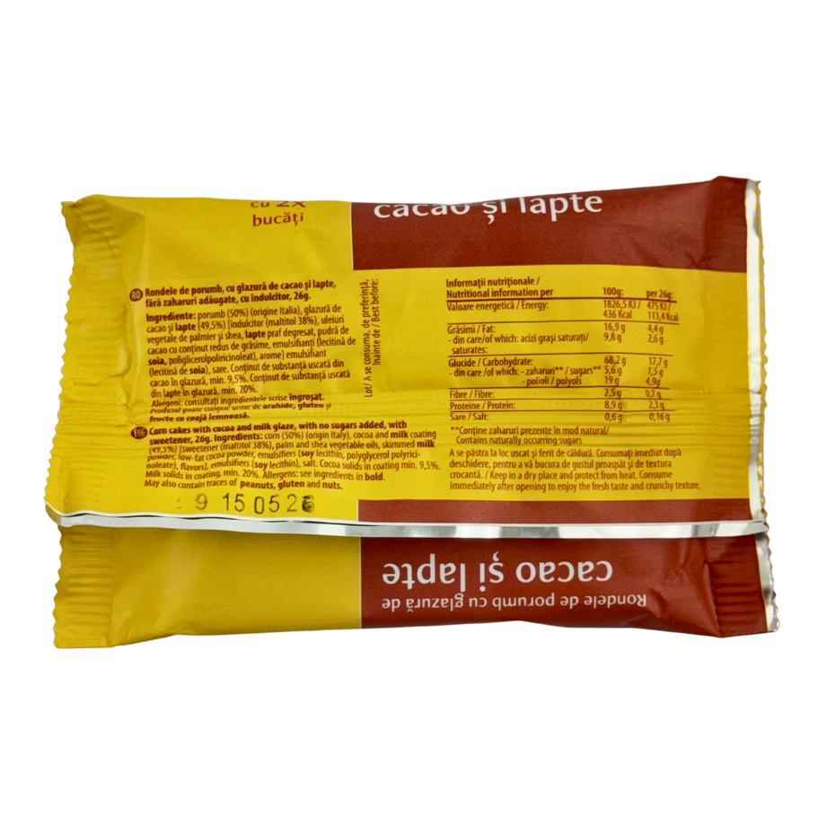 Rondele de porumb cu glazura de cacao si lapte cu indulcitor 26 g