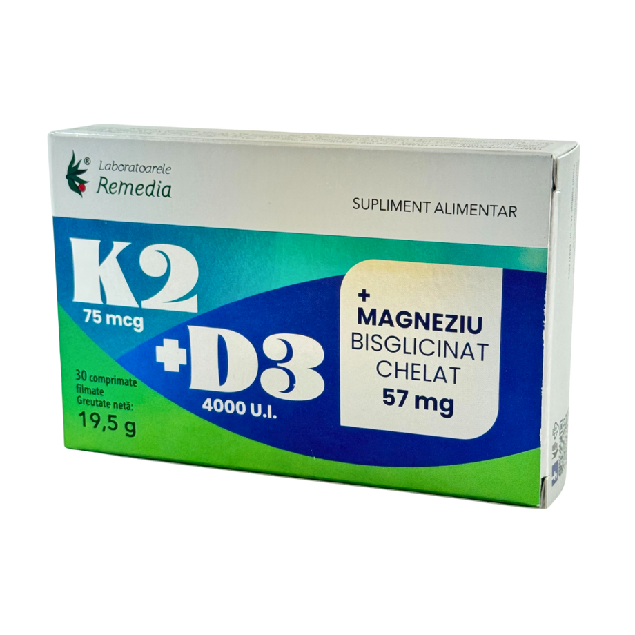 K2 75mcg+ D3 4000 u.i. + magneziu bisglicinat chelat 57mg 30 comprimate