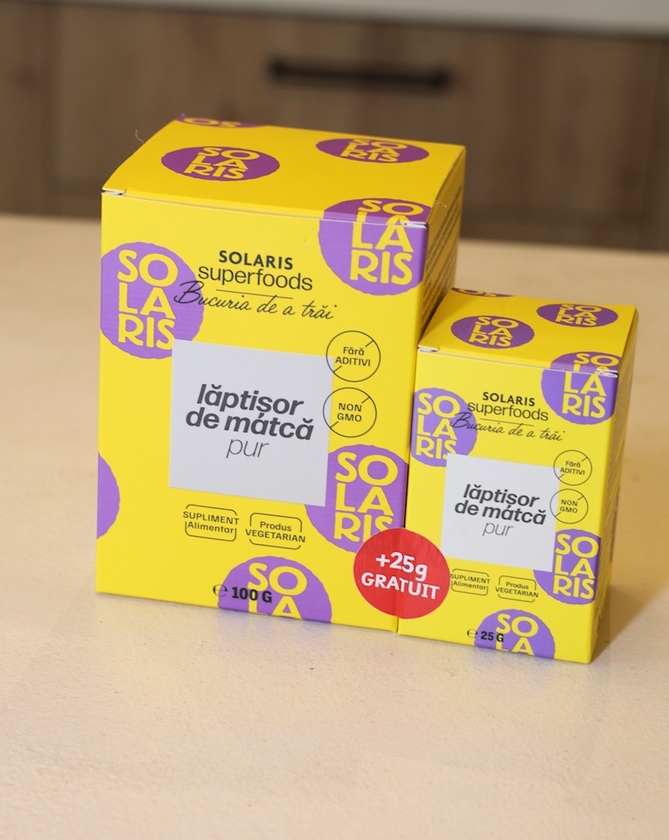 Cutiile Solaris de lăptișor de matcă pur de 100 g și 25 g, cu eticheta +25 g gratuit